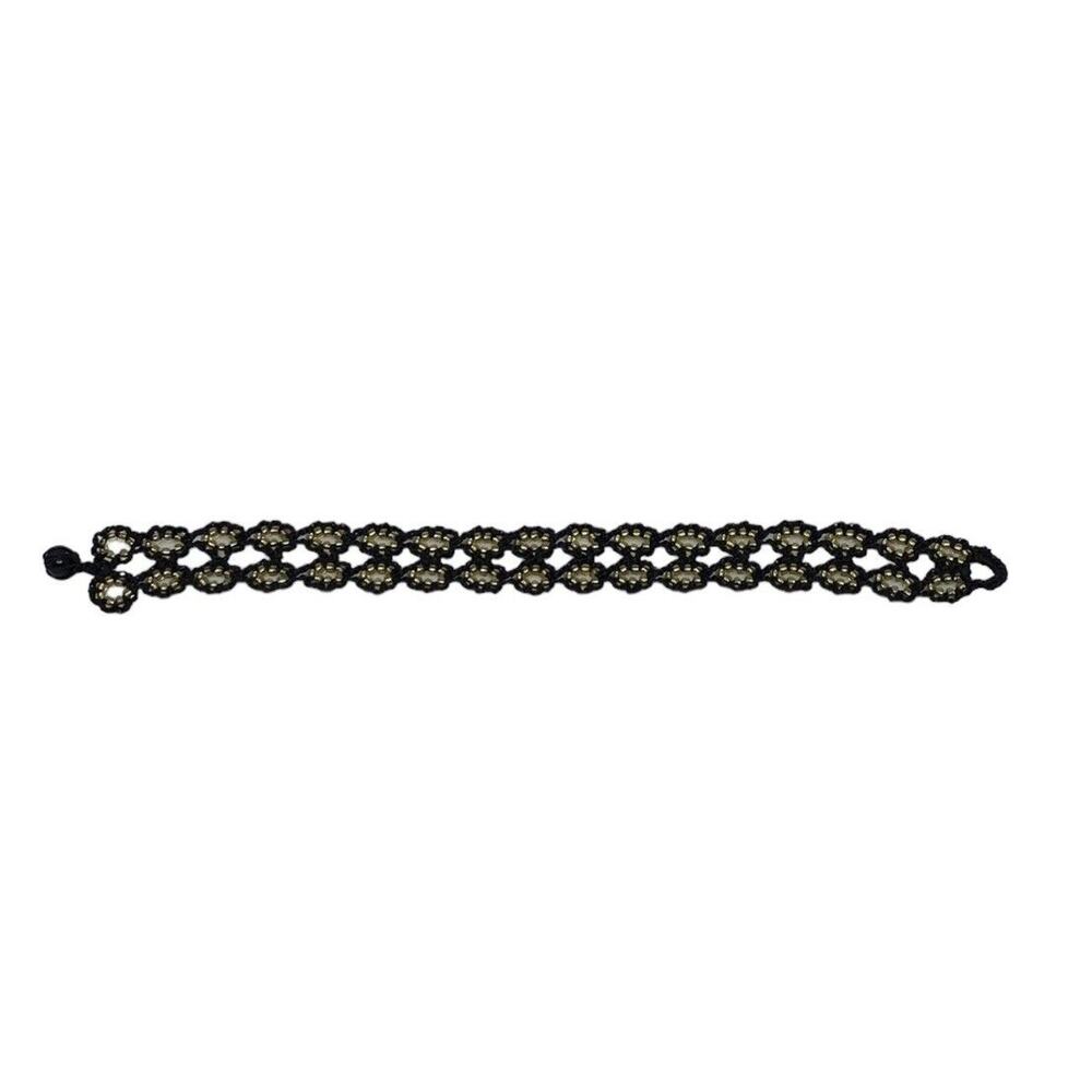 Turkish Artisan Fashion Flat Crochet 7” Bracelet Black Cord Gold Round Beads - Picture 6 of 11